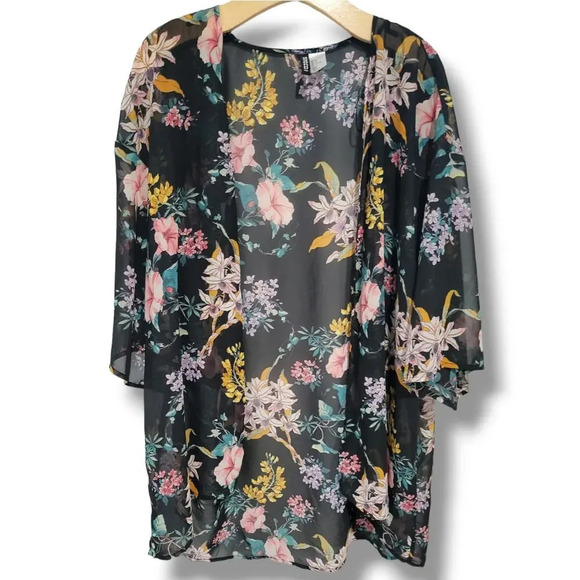 Divided Sweaters - Divided by H&M women's black floral 3/4 sleeves open front cardigan kimono